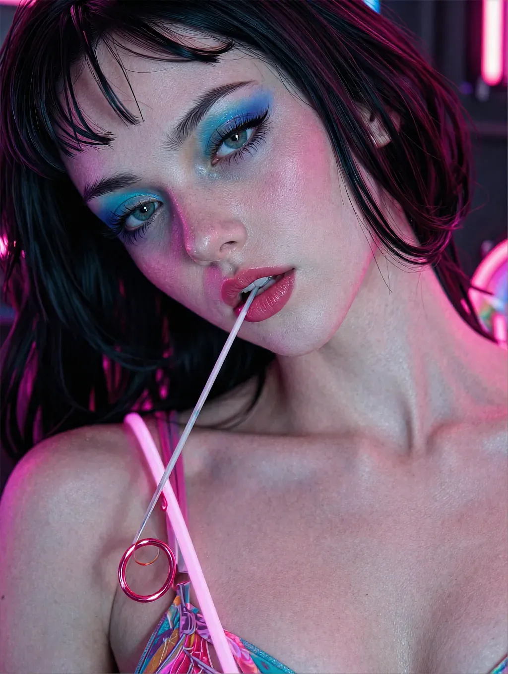 Close-up of woman with dark bob hair and blue eyeshadow biting a lollipop stick under pink neon light